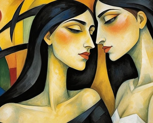Two Women in Intimate Pose with Vibrant Colors