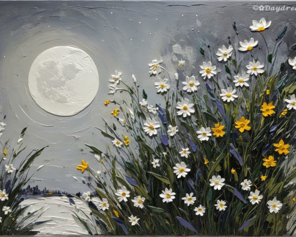 Serene landscape with greenery and moonlit wildflowers