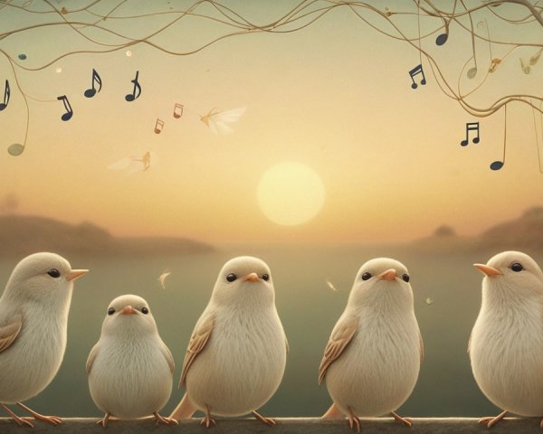 Fluffy Birds Perched at Sunset with Musical Notes