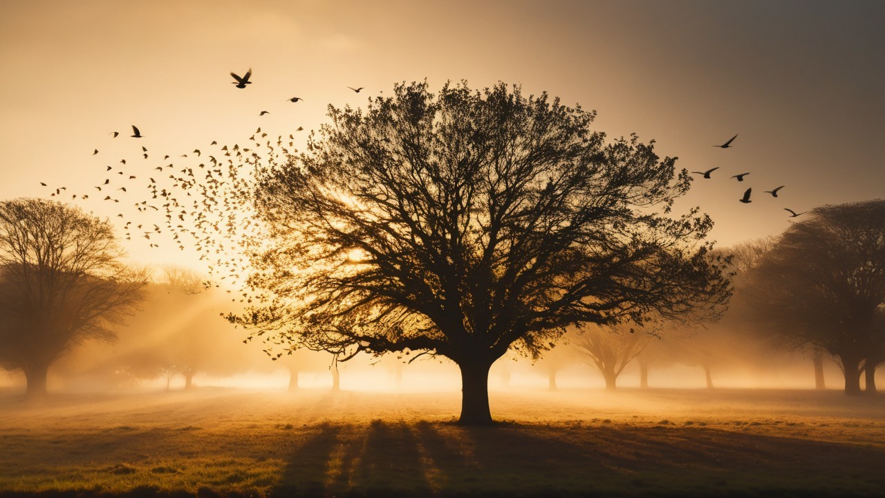 Solitary Tree Under Golden Dawn Sky with Birds