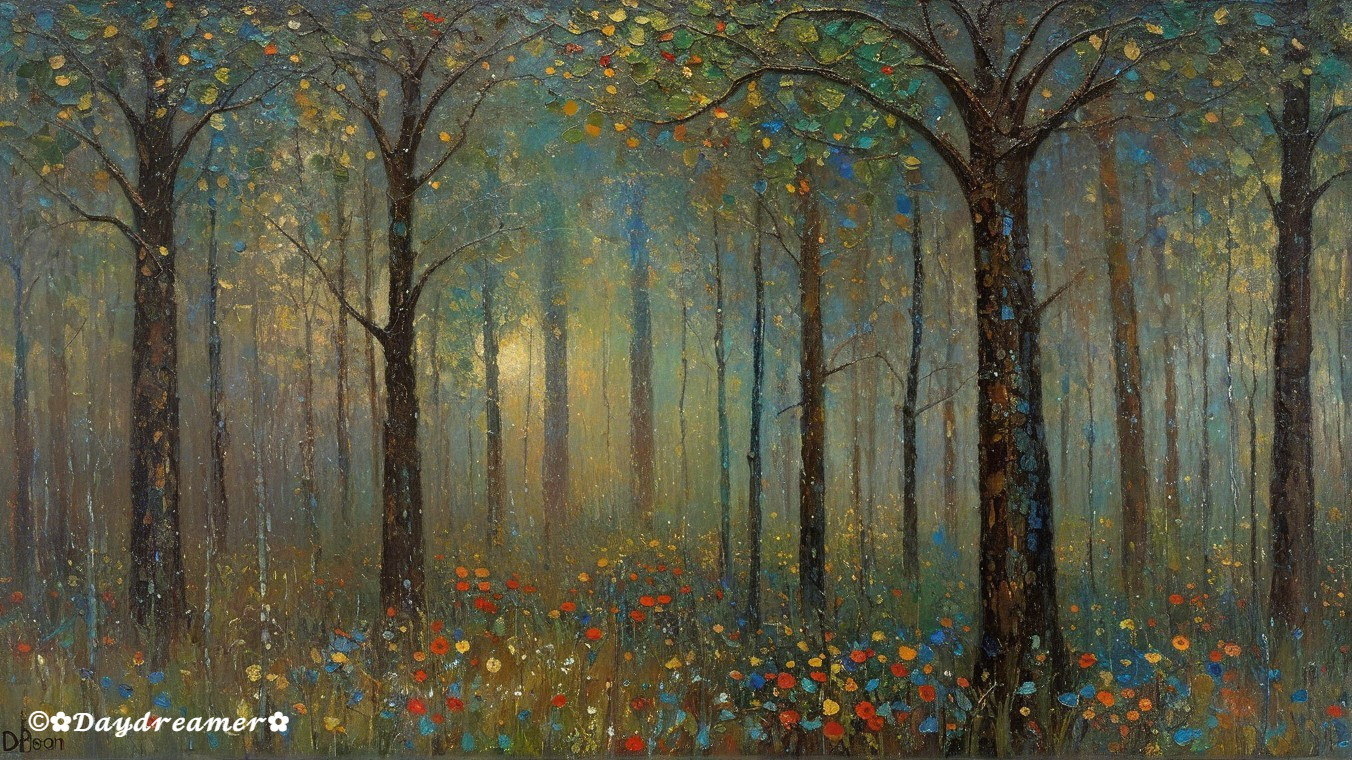 Serene Forest Scene with Vibrant Flowers and Misty Light