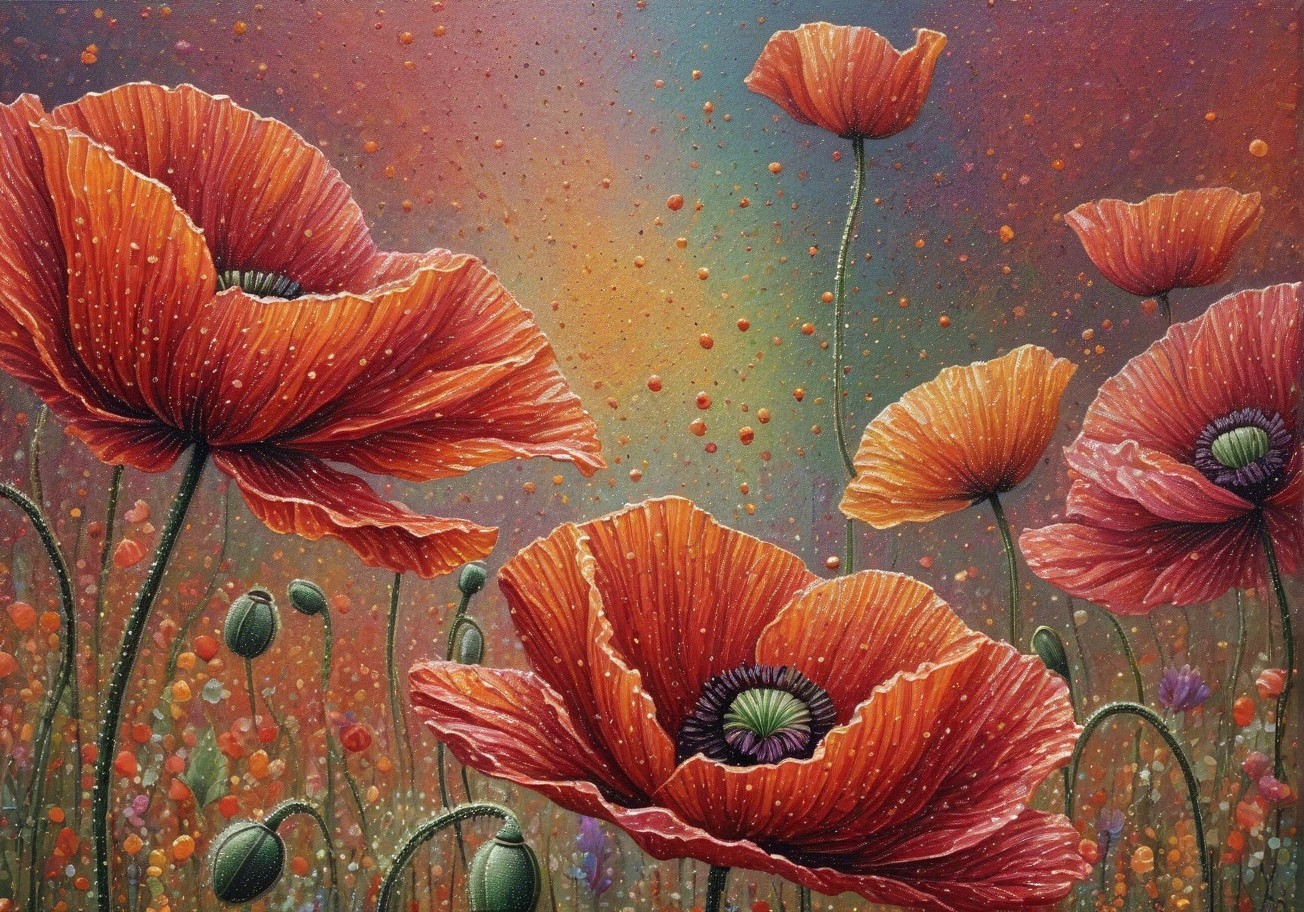 Impressionistic Oil Painting of Glittering Poppies