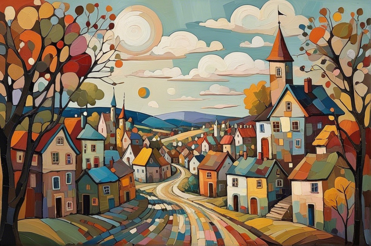Colorful Whimsical Village with Rolling Hills and Trees