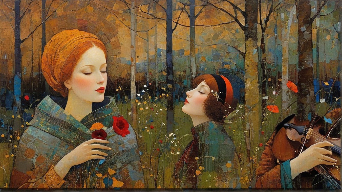 Women in Forest with Roses and Violin Music