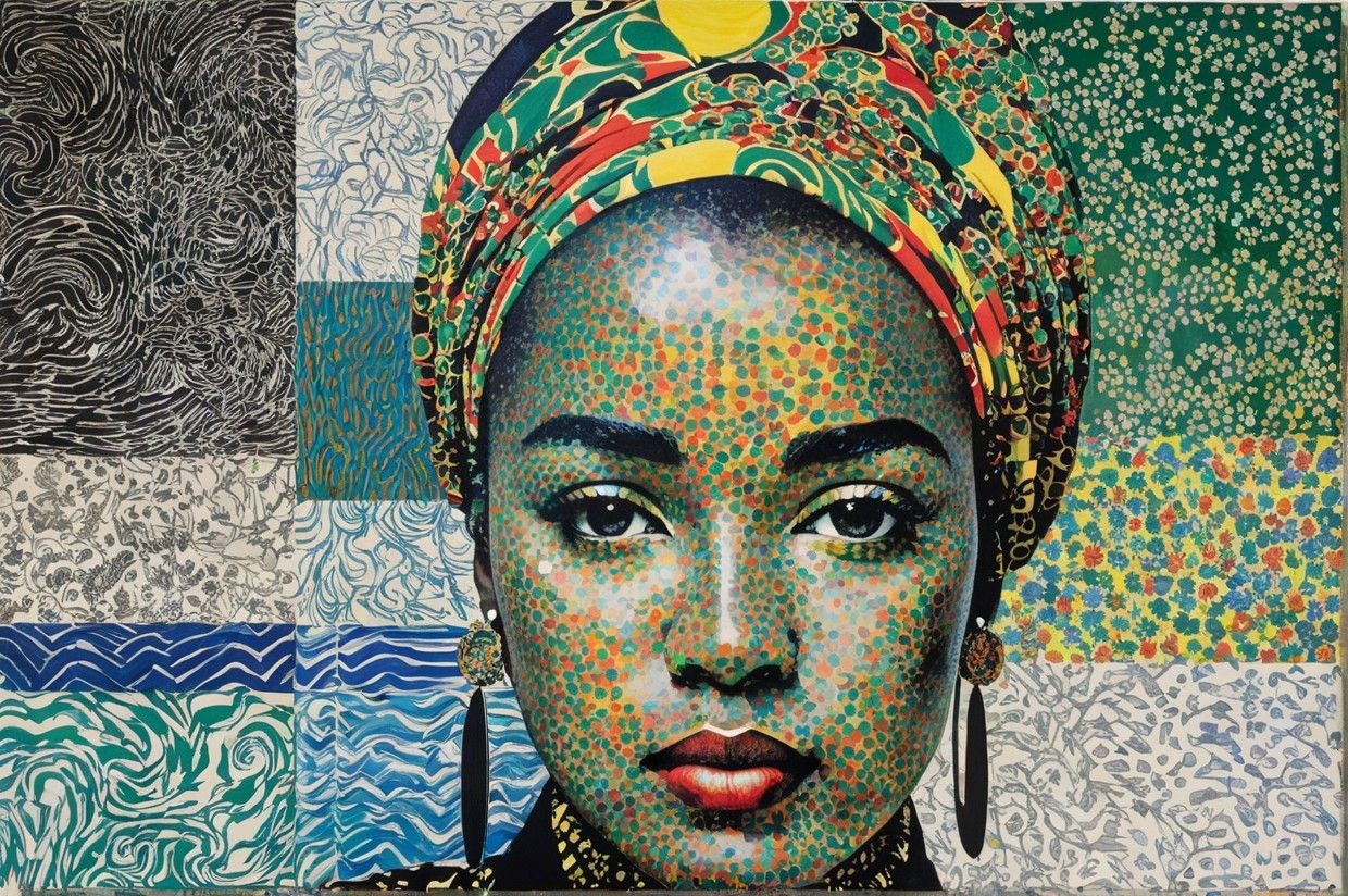 Portrait of a woman with colorful headscarf and patterns