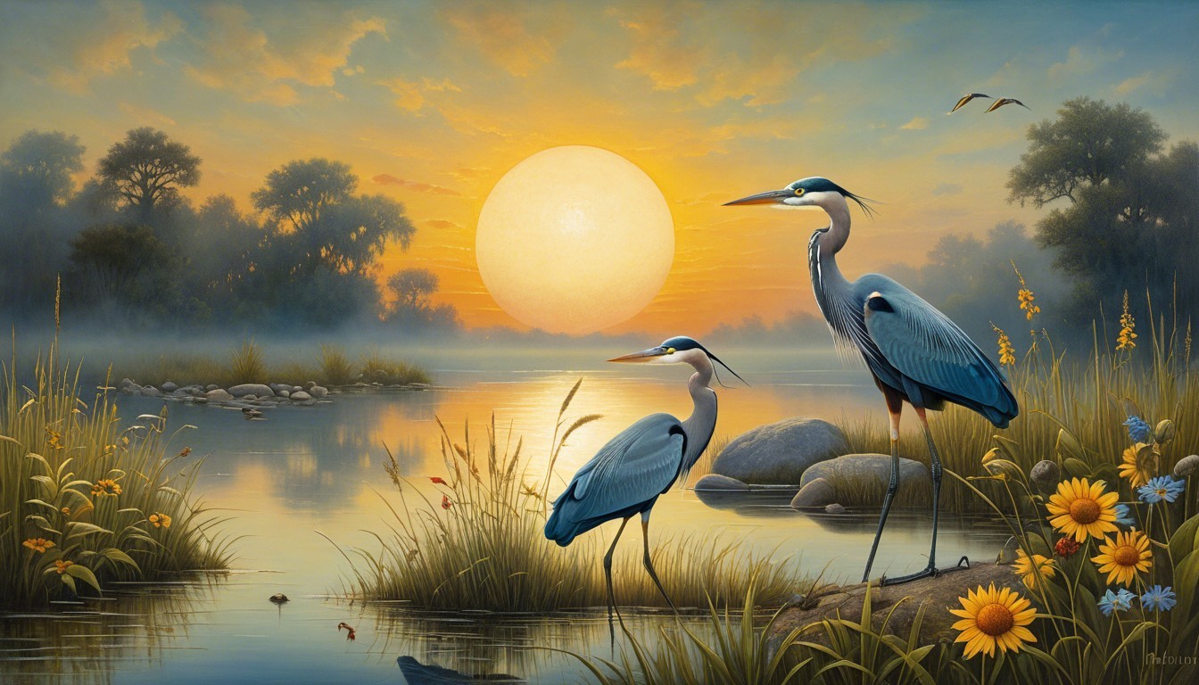 Herons by Tranquil River at Sunrise in Serene Landscape