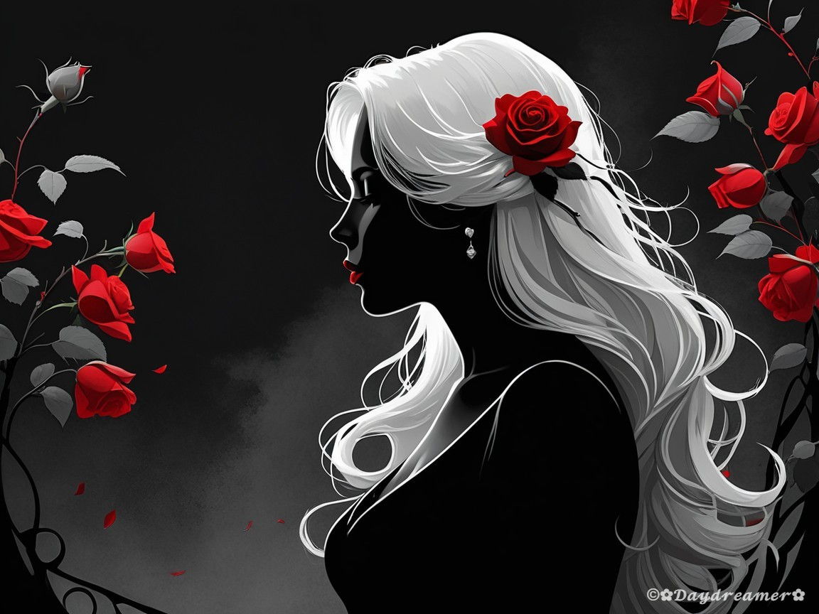 Silhouette of a Woman with White Hair and Roses