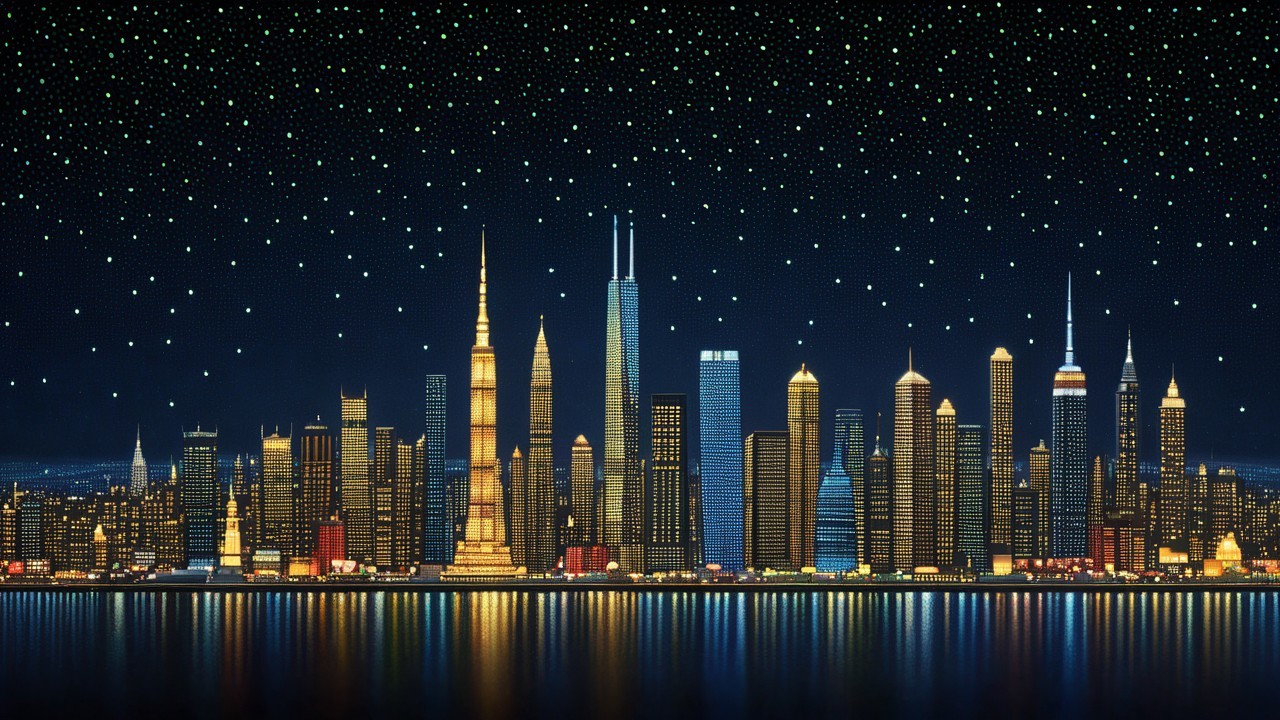 Vibrant City Skyline with Illuminated Skyscrapers