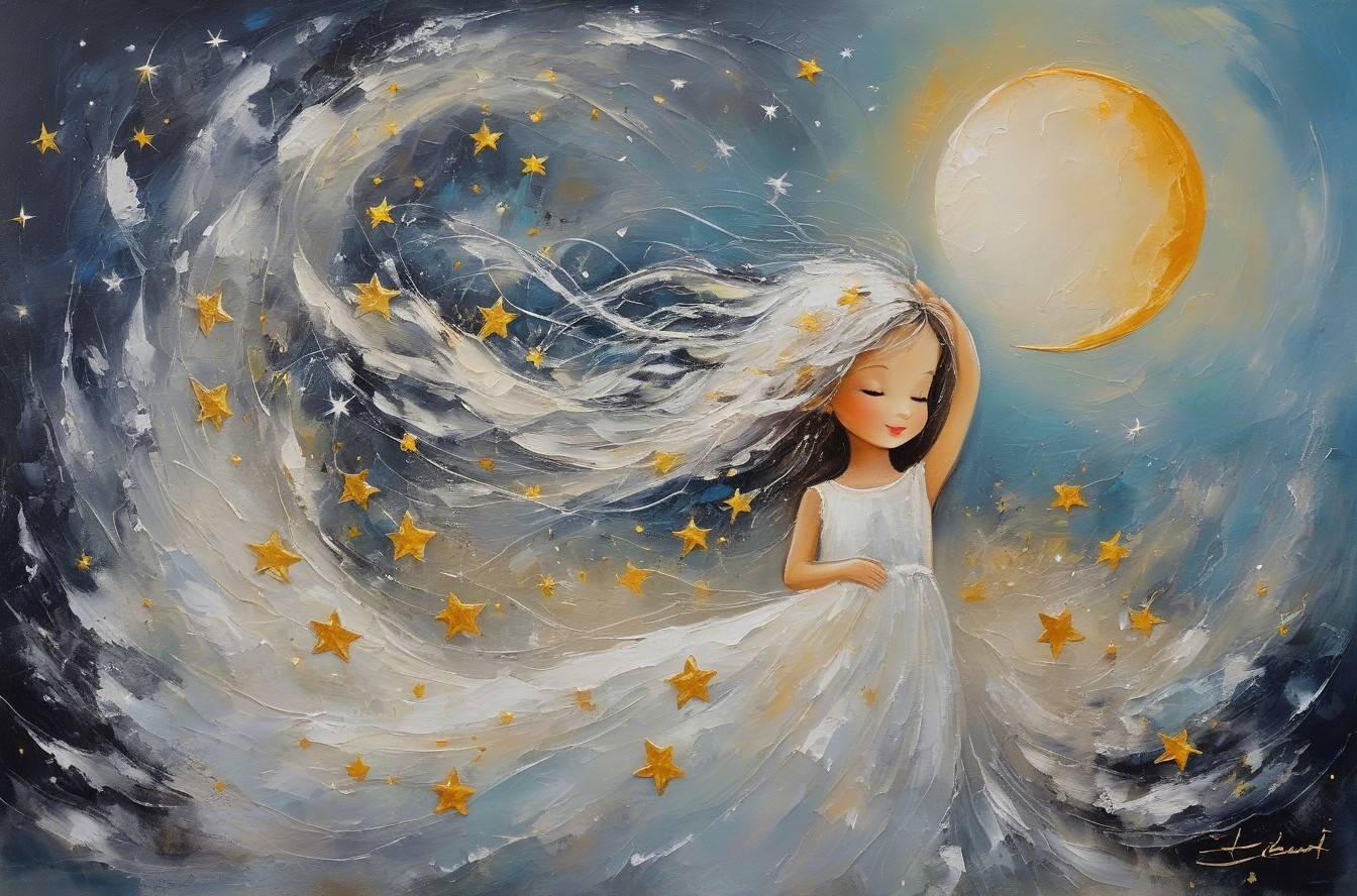 Impressionistic Painting of Young Girl in Dreamy Cloud