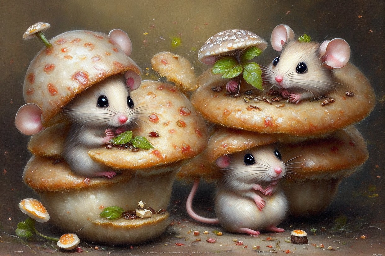 Whimsical Scene of Mice Under Mushroom Caps