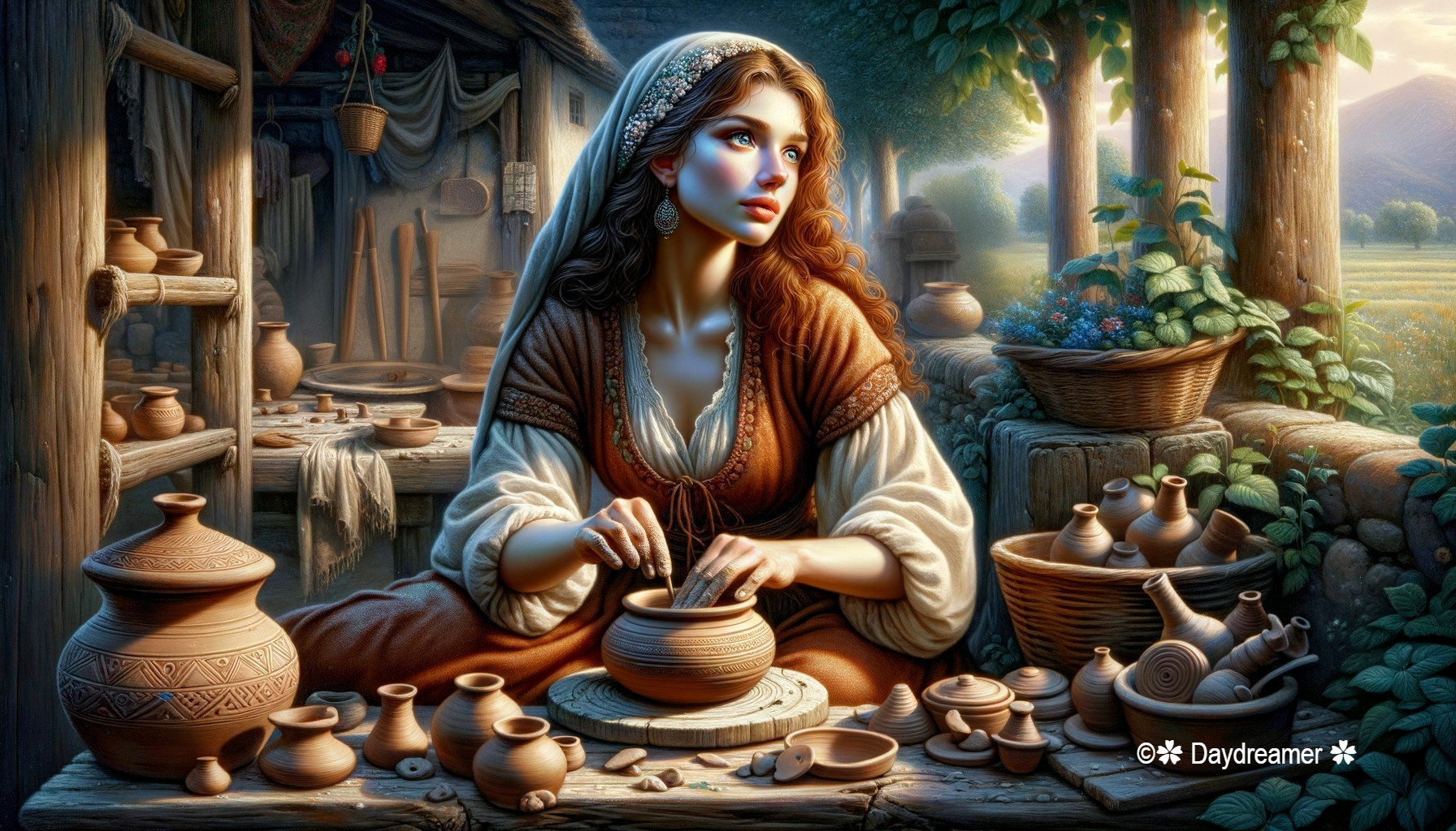 Young Woman Shaping Clay in Tranquil Village Setting