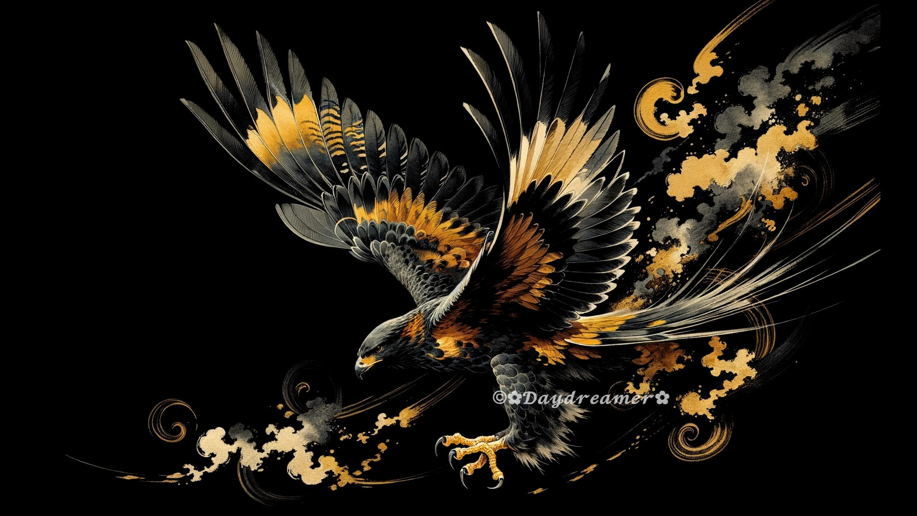 Majestic hawk in vibrant colors against dark background