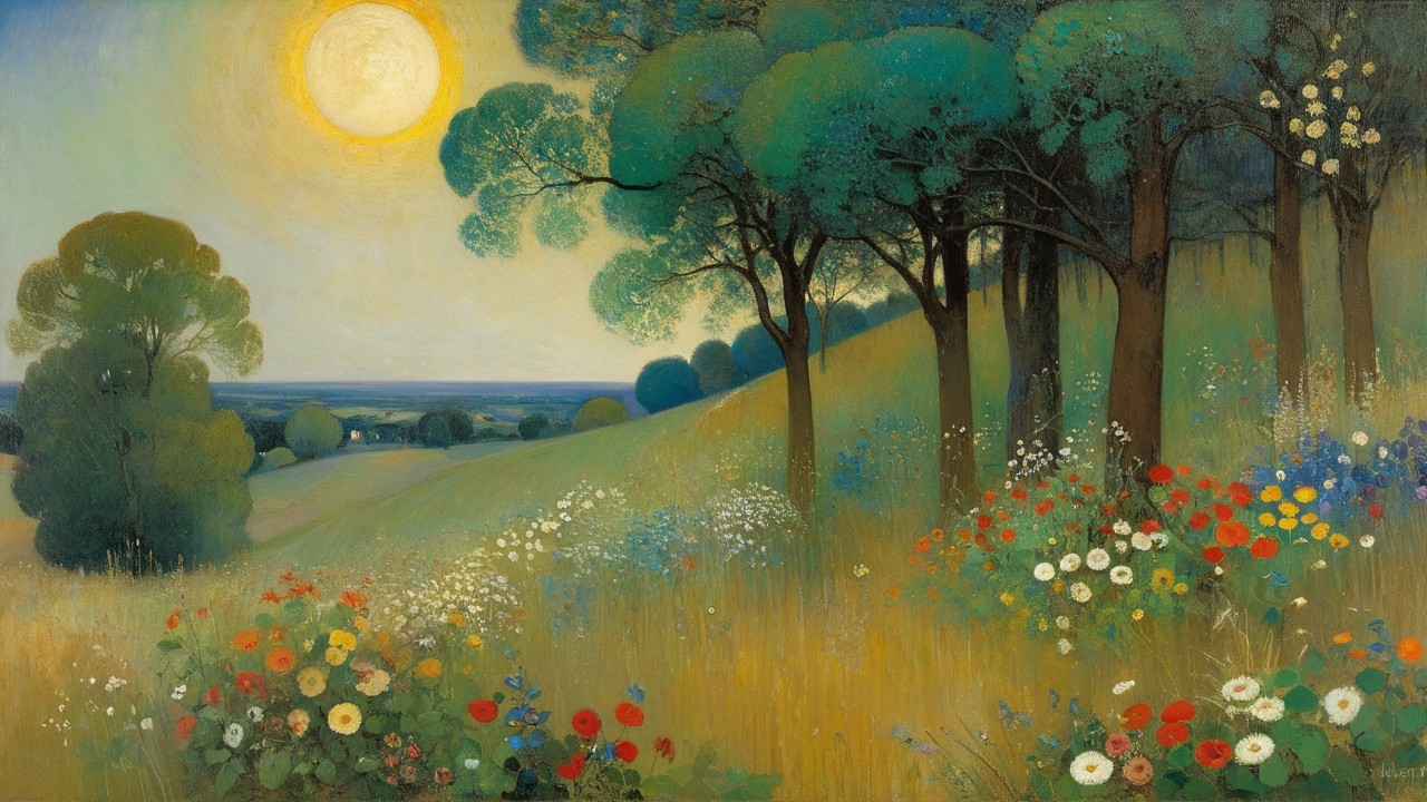 Vibrant Landscape with Sunlit Hills and Wildflowers