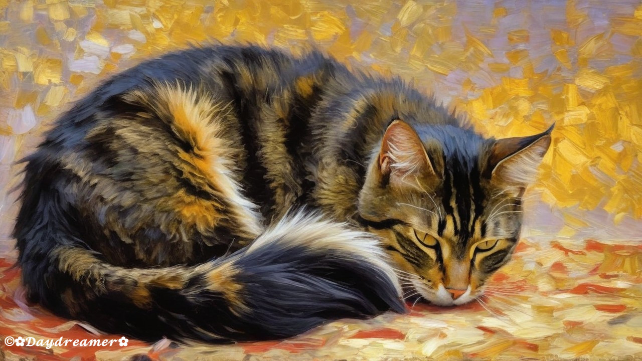 Portrait of a curled-up tabby cat with rich colors
