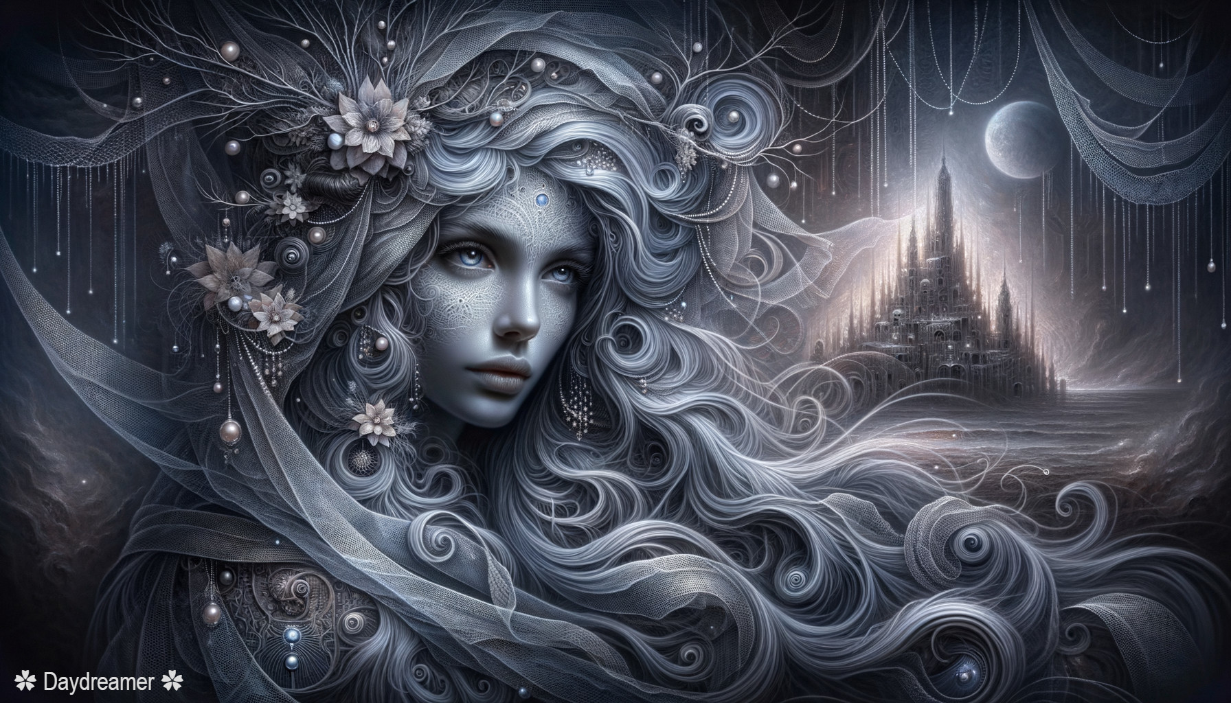 Fantasy portrait of a serene woman with silver hair