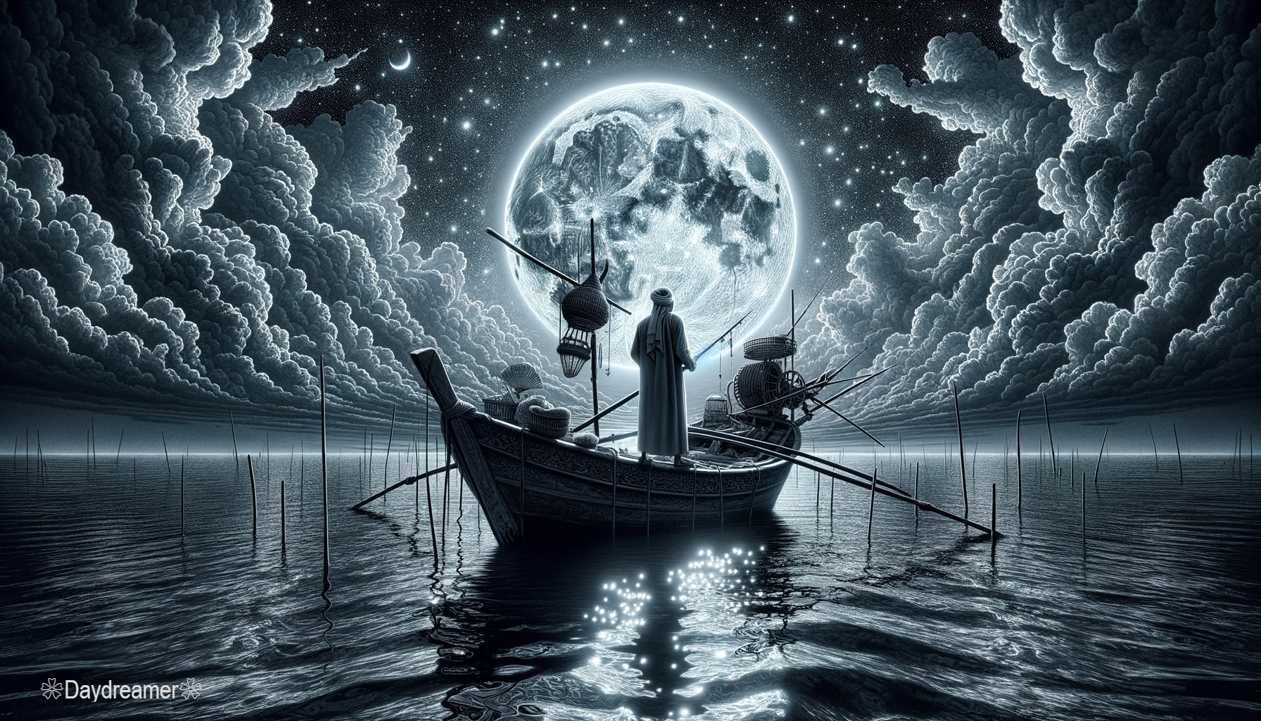 Surreal Nightscape with Moonlit Boat and Clouds