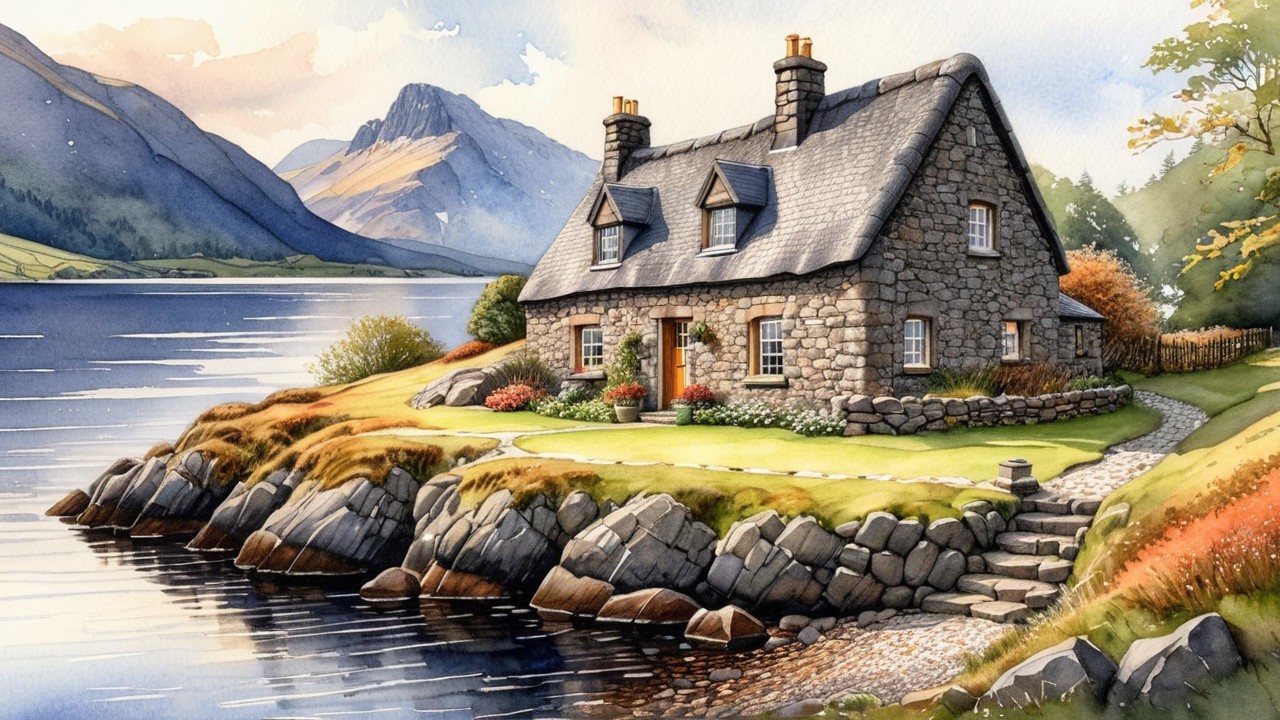 Stone Cottage by Tranquil Lake with Mountain Views