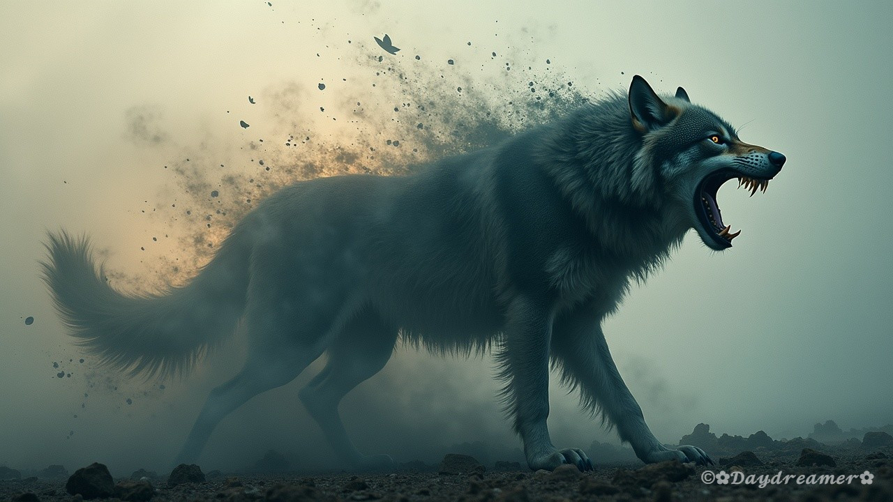 Wolf in Mist with Gray and Silver Fur and Intense Gaze