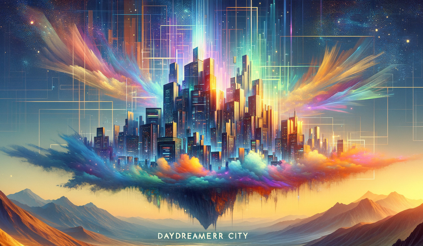 Futuristic floating cityscape with vibrant energy beams