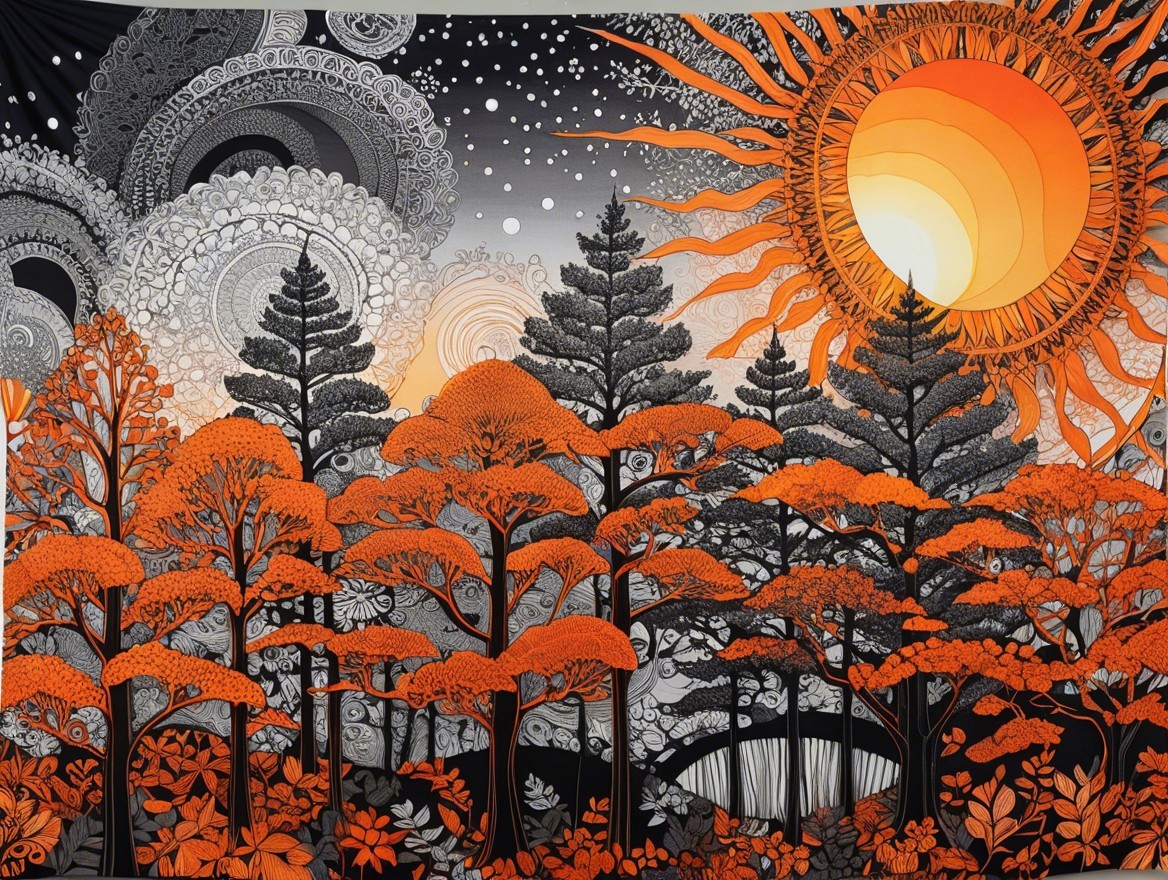 Vibrant forest landscape with orange foliage and clouds