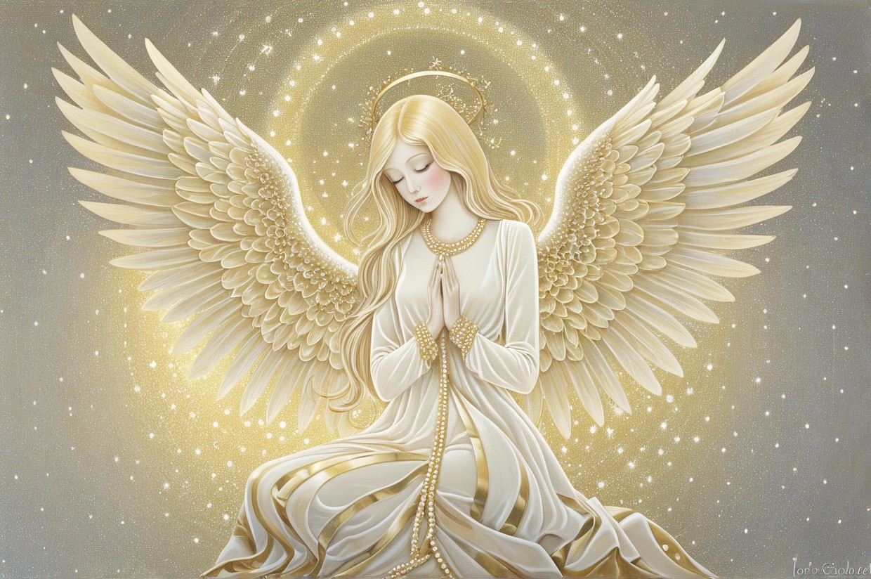 Serene Angel in Prayer with Golden Hair and Wings