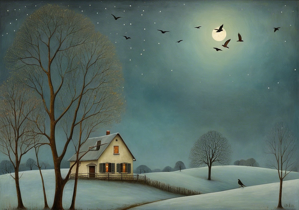 Winter Landscape with Cozy House and Starry Sky