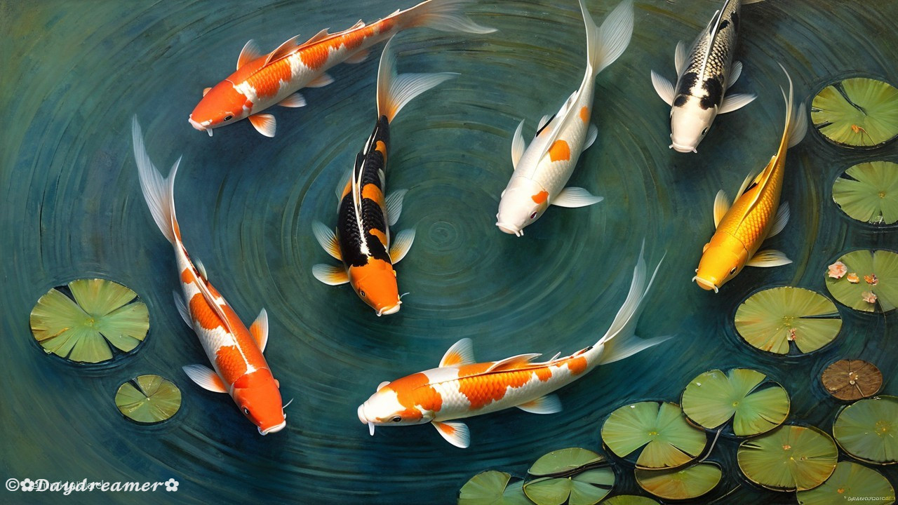 Colorful koi fish swimming in a serene pond scene