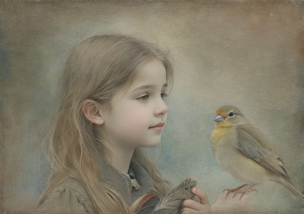 Young girl holding a calm bird in a serene setting
