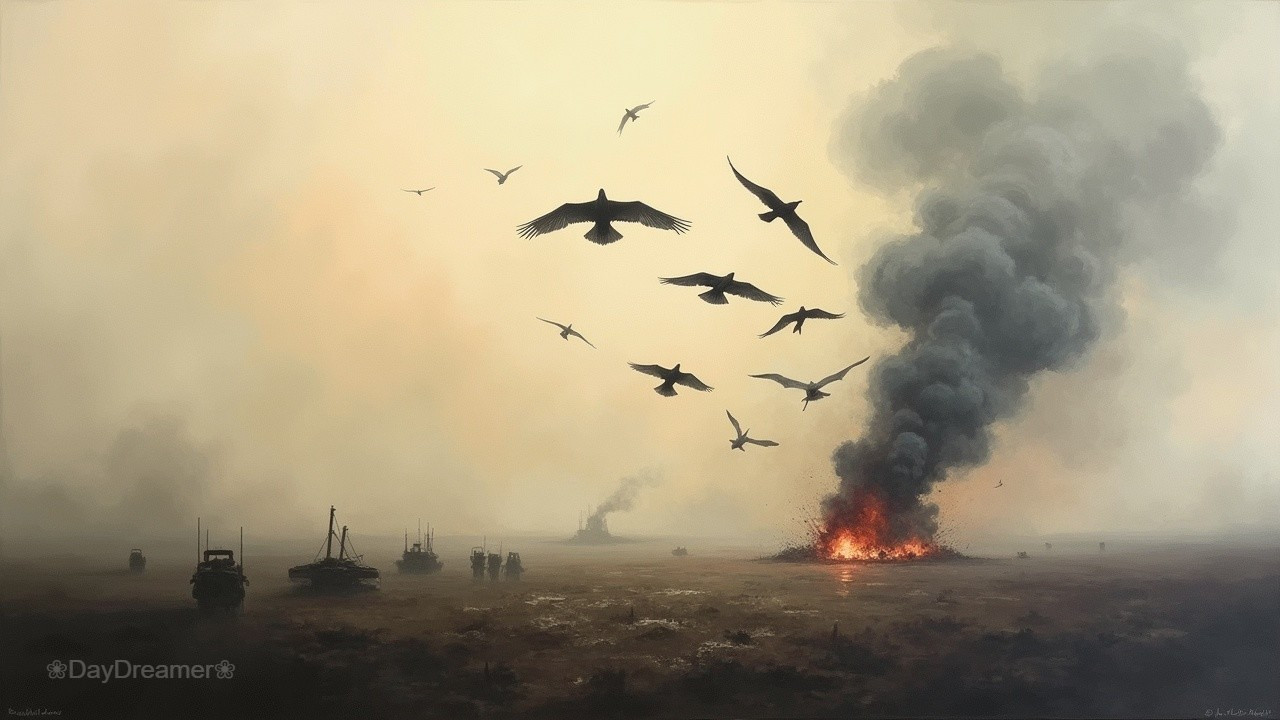 Haunting Landscape with Smoky Eruption and Birds