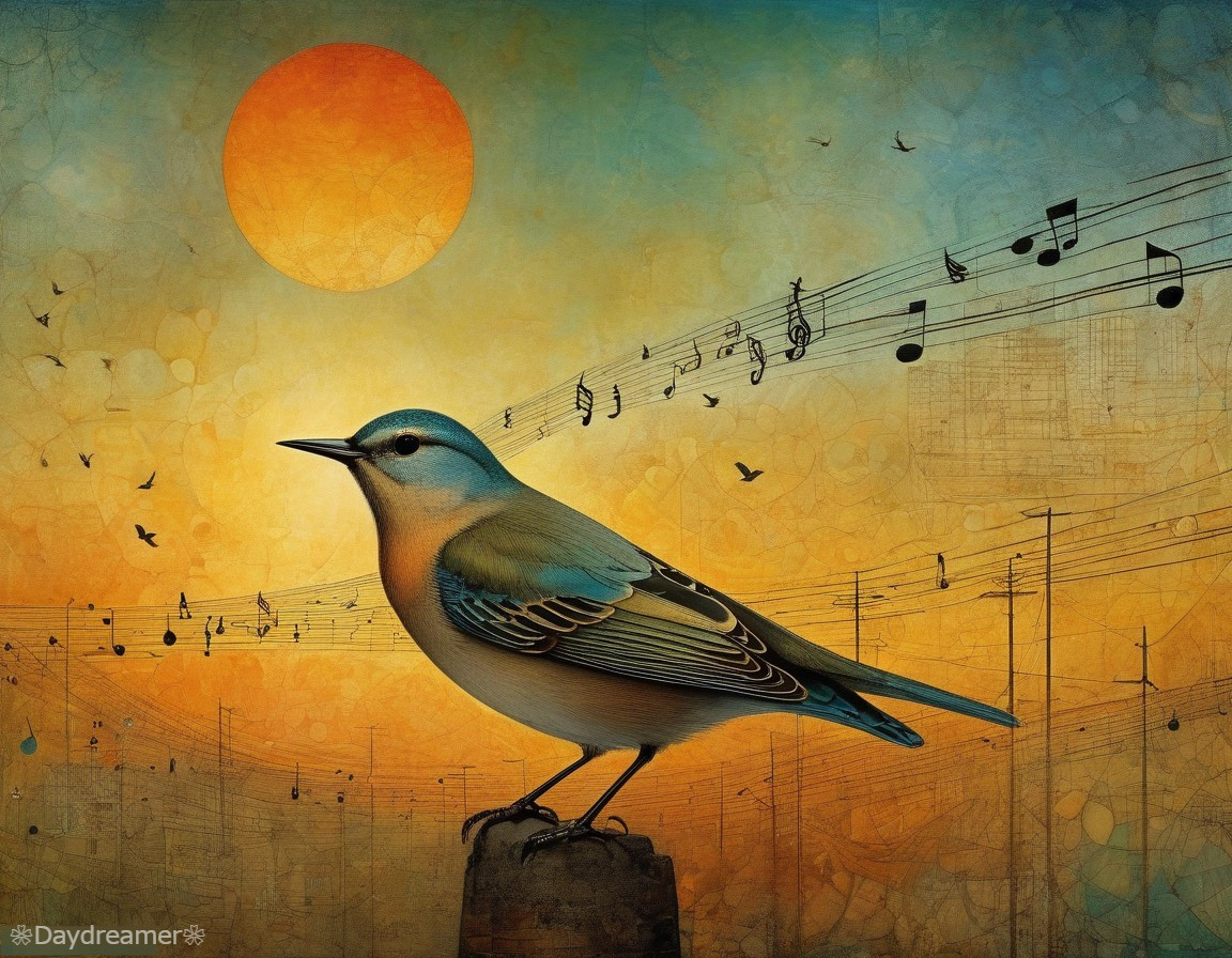 Stylized bird illustration on stump with musical notes, orange sun, textured sky