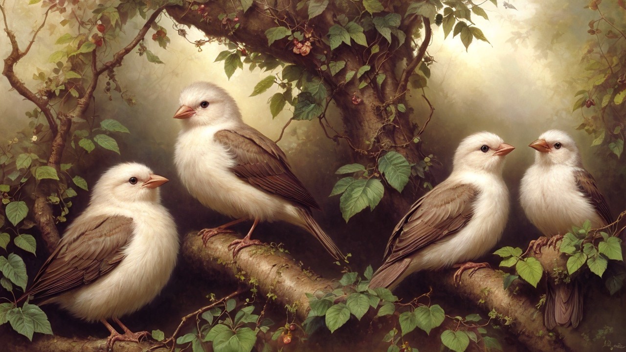Fluffy Birds on Branches with Lush Green Leaves