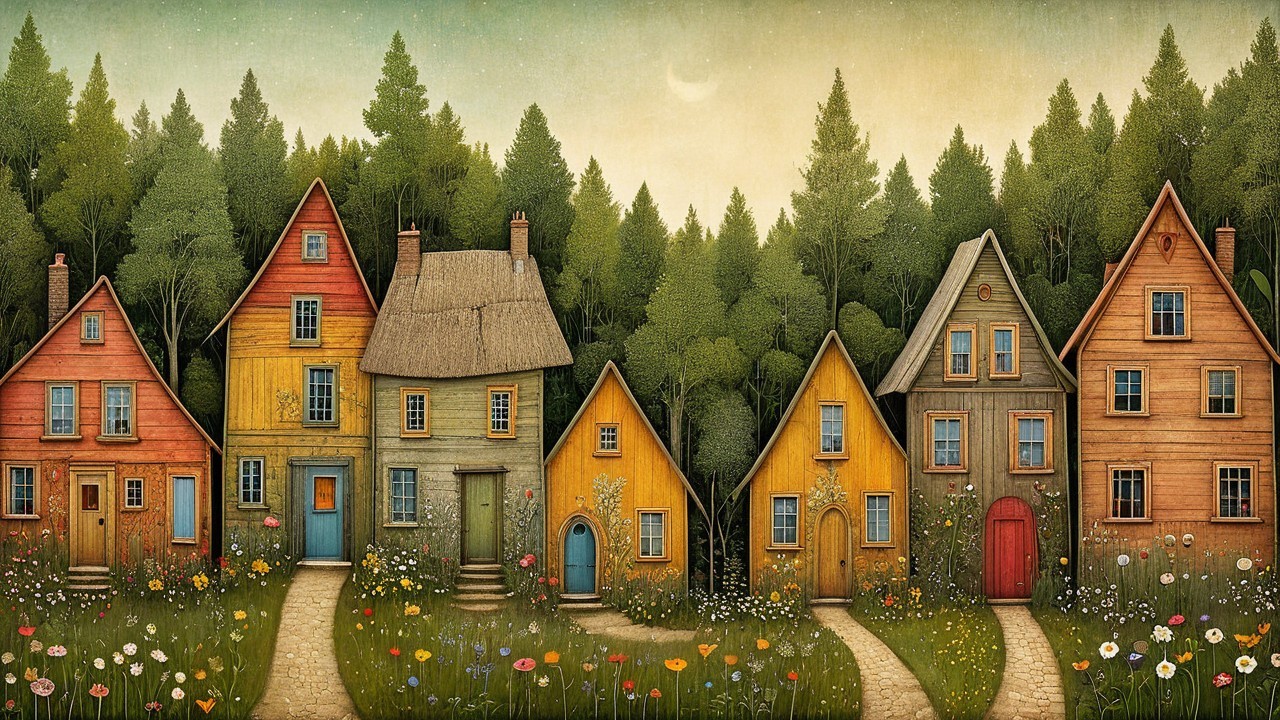 Charming Village Scene with Colorful Houses and Gardens