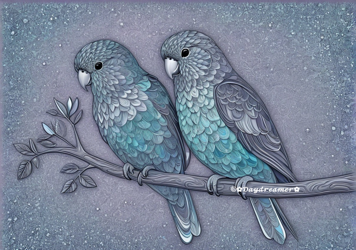 Stylized Birds on Branch with Turquoise and Gray Feathers