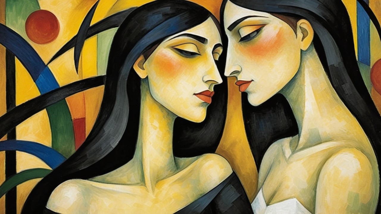 Two Women in Intimate Pose with Vibrant Colors