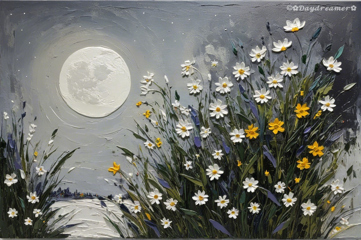 Serene landscape with greenery and moonlit wildflowers