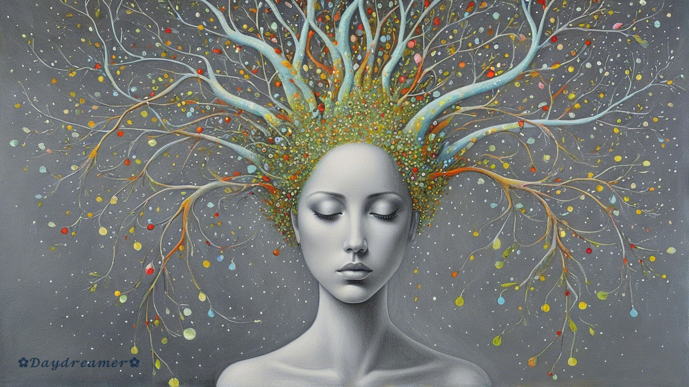 Gray-Toned Female Figure with Whimsical Tree Hair