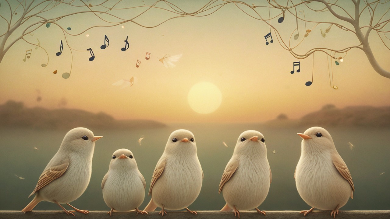 Fluffy Birds Perched at Sunset with Musical Notes