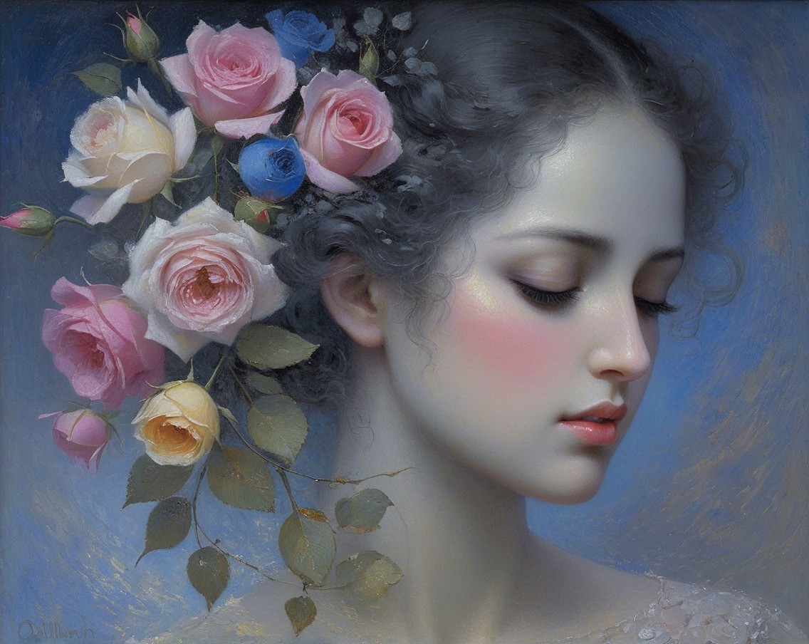 Young woman with roses in serene blue background