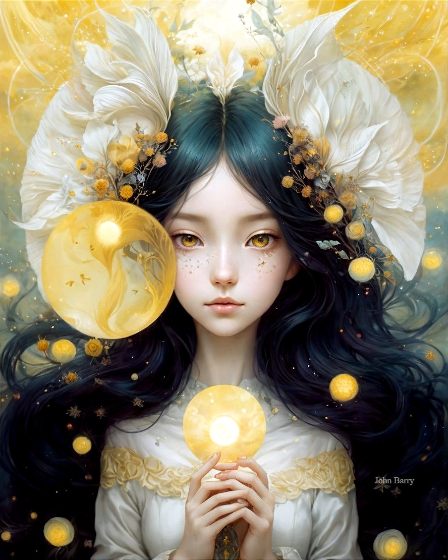 Serene figure with glowing orb and floral adornments