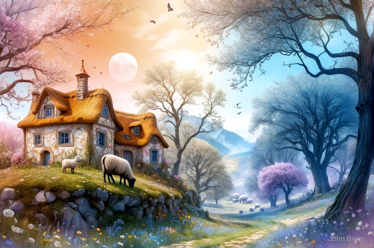 Serene Countryside Scene with Cottage and Nature