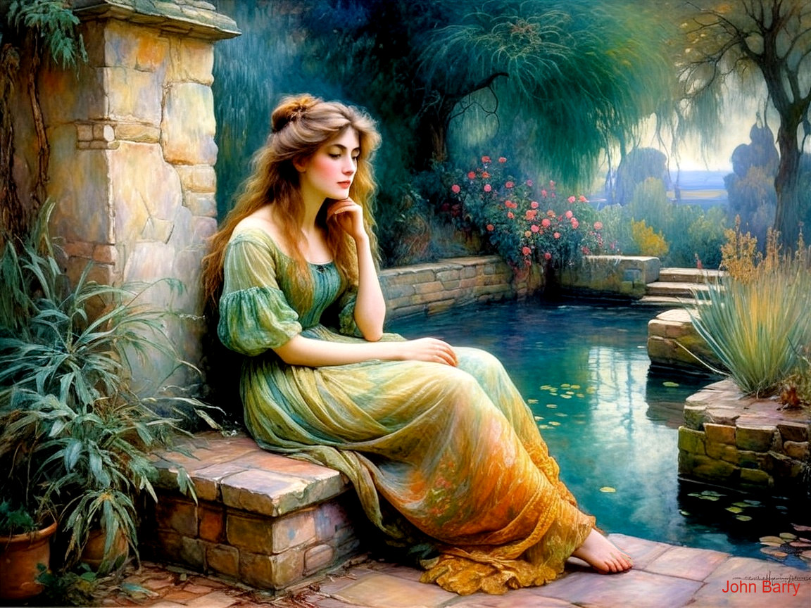 Young woman in pastel dress by tranquil garden pool