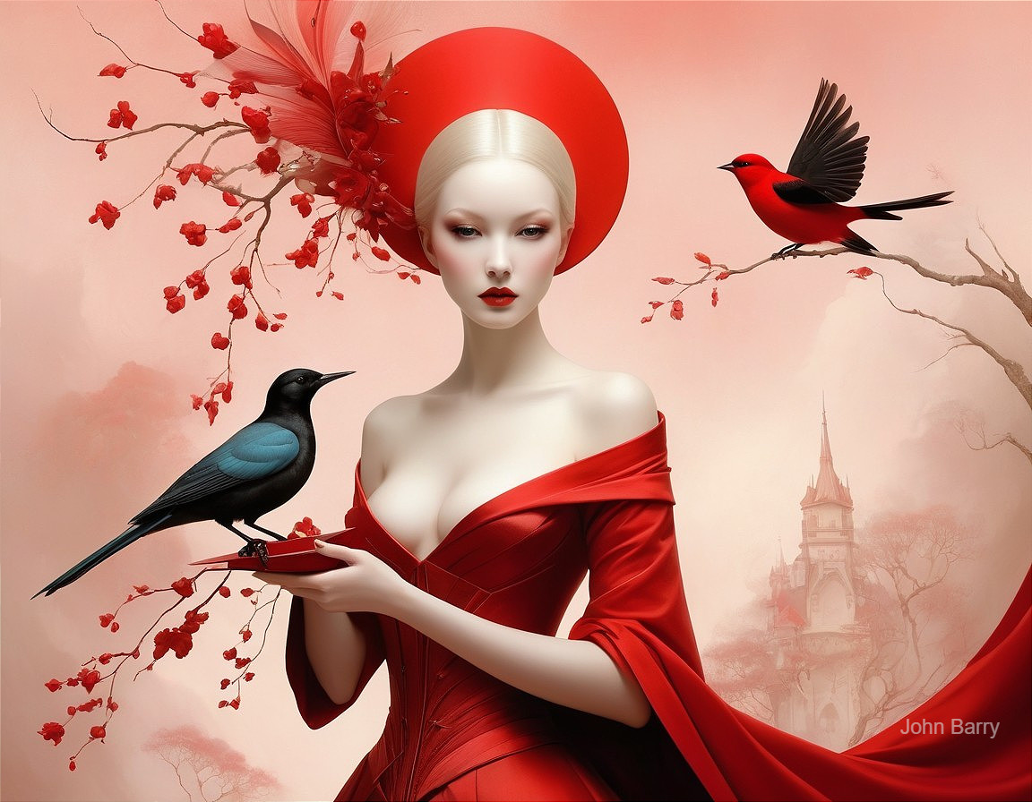 Vibrant Red Dress with Birds and Cherry Blossoms