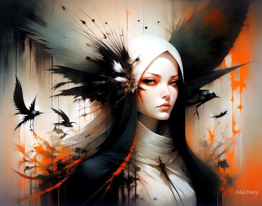 Digital Artwork of Woman with Black Hair and Feathers