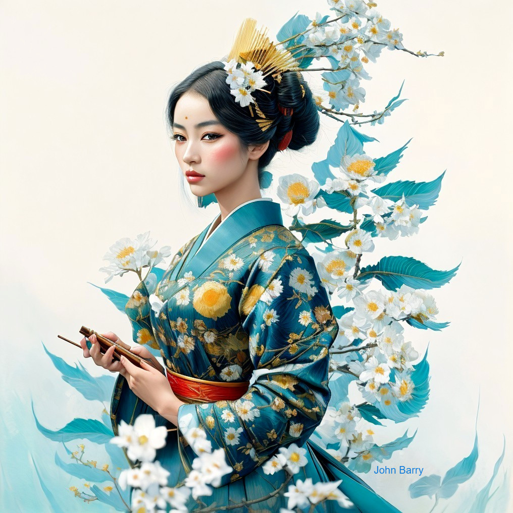 Serene Woman in Traditional Kimono with Floral Patterns