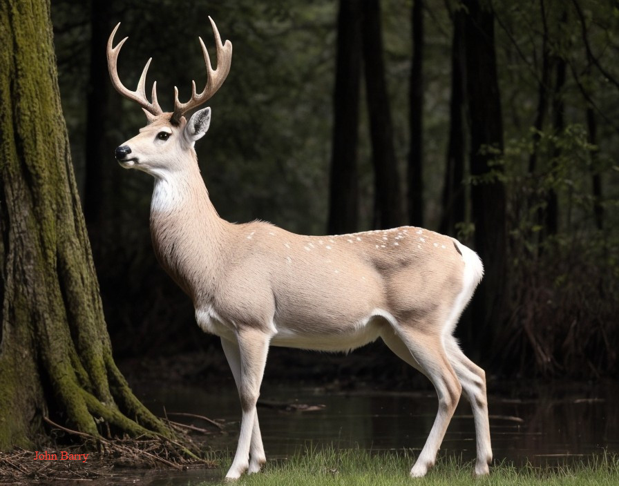 Spotted Deer with Antlers Near Water in Forest