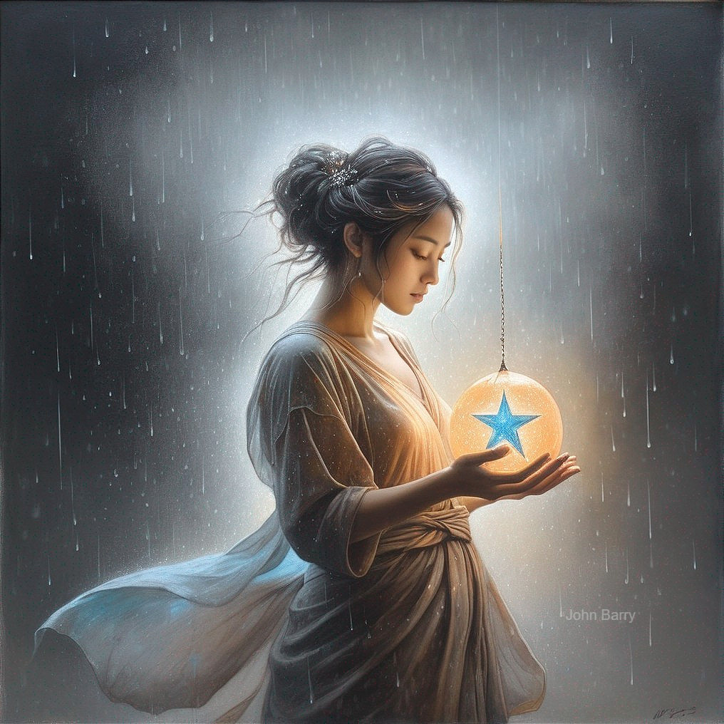 Serene Woman in Rain with Glowing Orb and Star