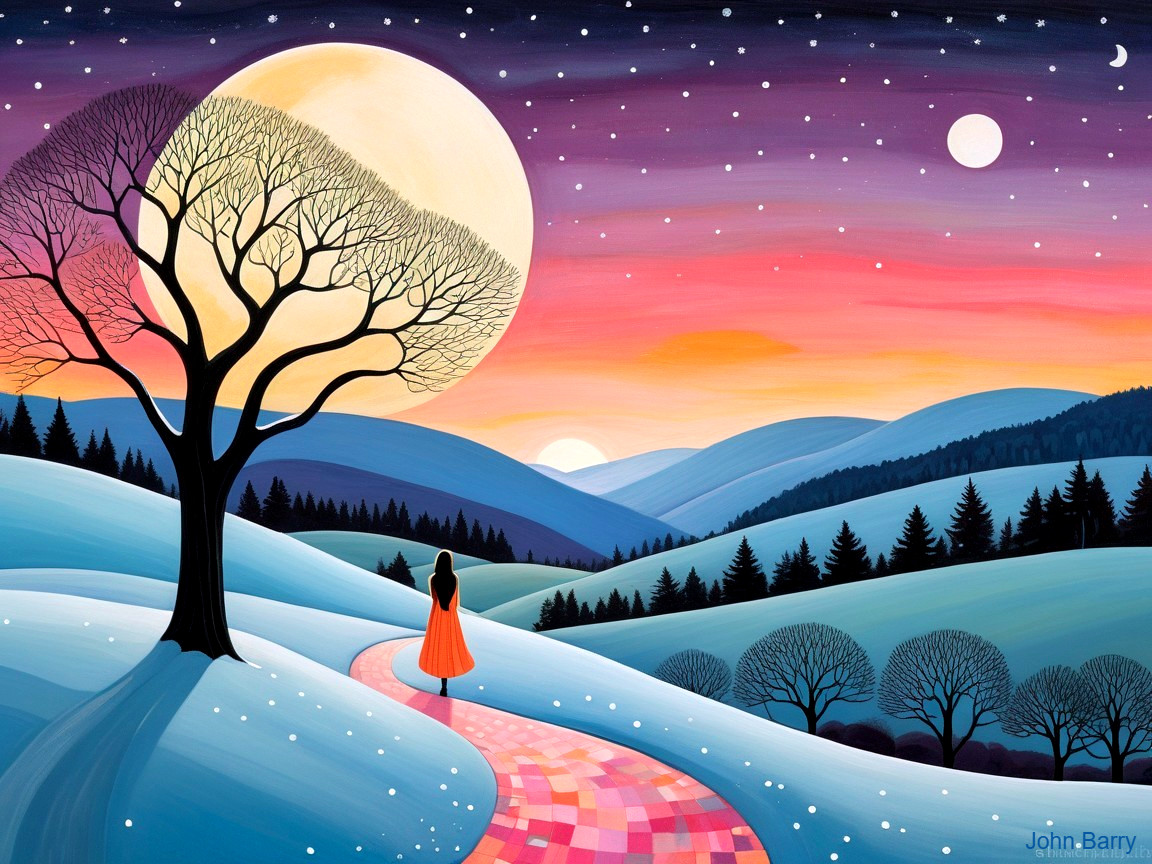 Winter Landscape with Snowy Hills and Sunset Sky