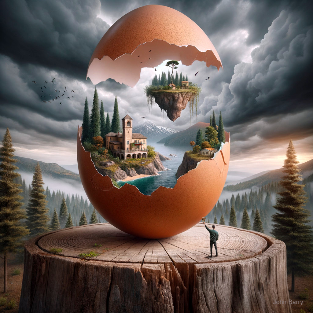 Cracked Egg Revealing a Fantastical Landscape Inside