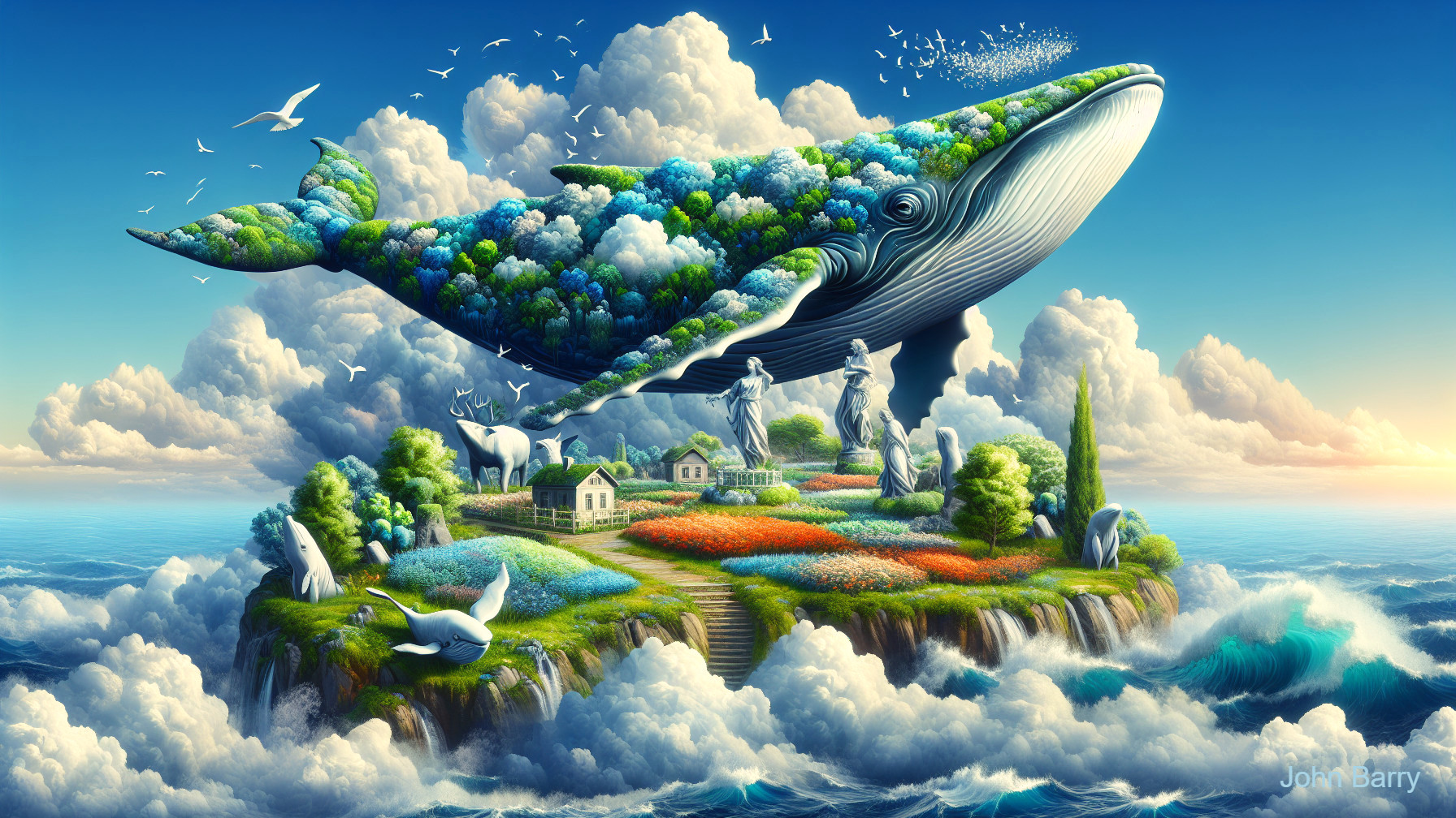 Surreal Island Scene with Whale and Lush Landscape