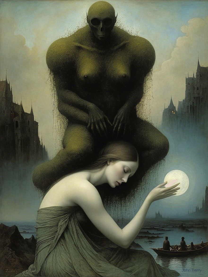 Surreal Scene of Ethereal Woman and Shadowy Figure